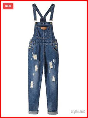 Womens Cotton Denim Overalls Adjustable Strap Ripped Vintage Workwear
